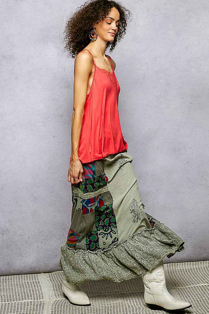 POL Printed Patchwork Embroidered Ruffled Skirt Trendsi