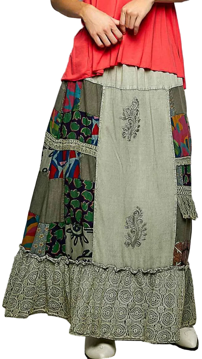 POL Printed Patchwork Embroidered Ruffled Skirt Trendsi SAGE MULTI S