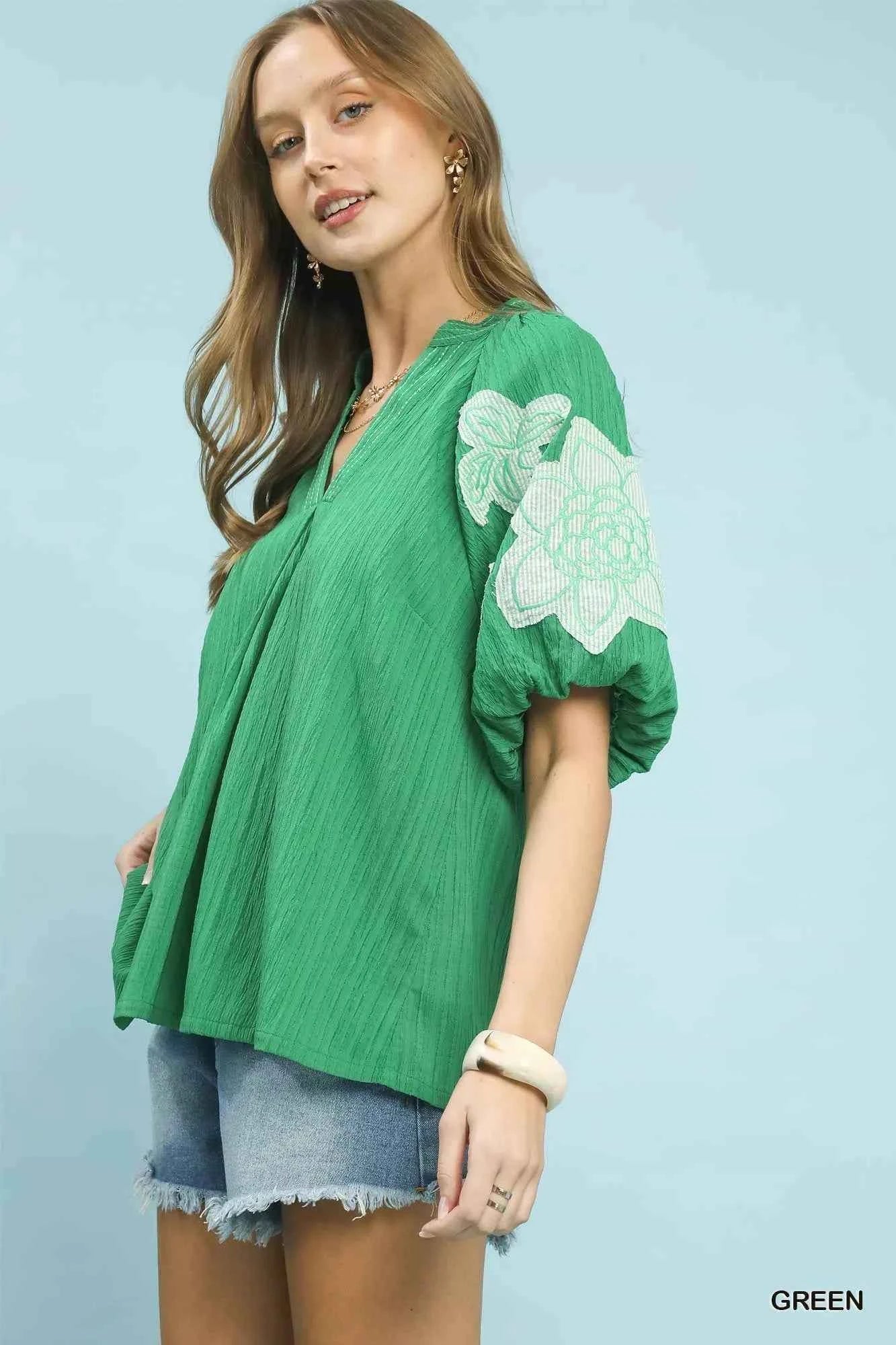 TEEK - Embroidered Balloon Sleeve Notch Neck Blouse TOPS TEEK Trend