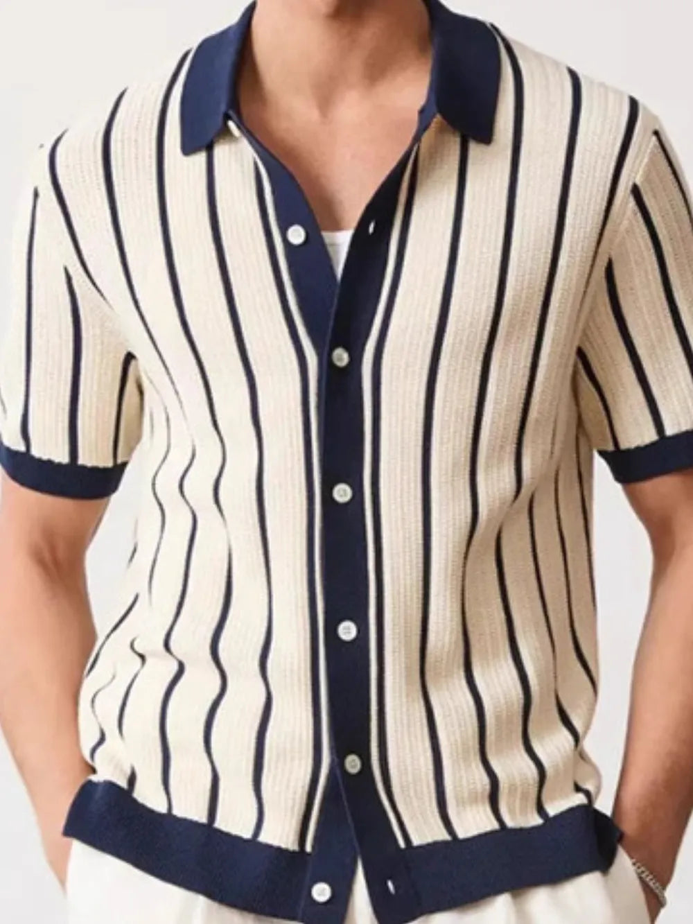 TEEK - Mens Navy Striped Button Down Short Sleeve Shirt TOPS TEEK Trend