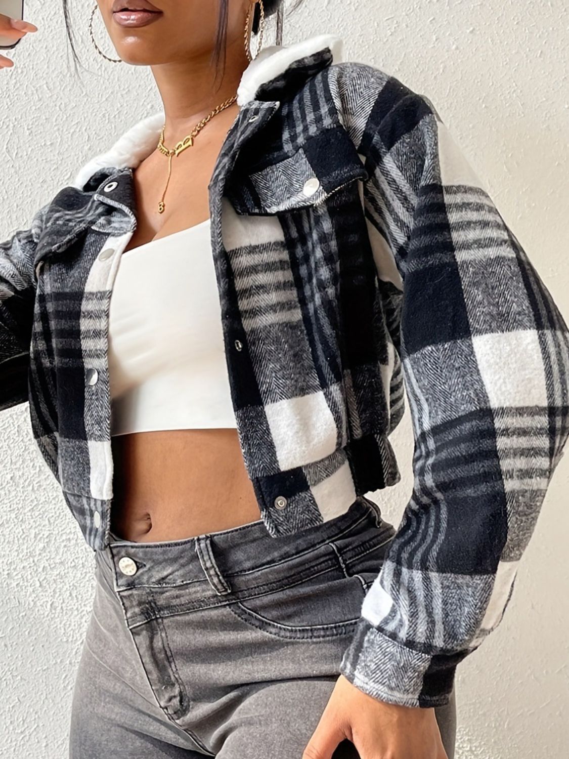 TEEK - Plaid Snap Down Collared Neck Cropped Jacket JACKET TEEK Trend