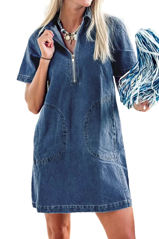 Zip Up Collared Short Sleeve Shift Mini Denim Dress Trendsi Dark Blue S