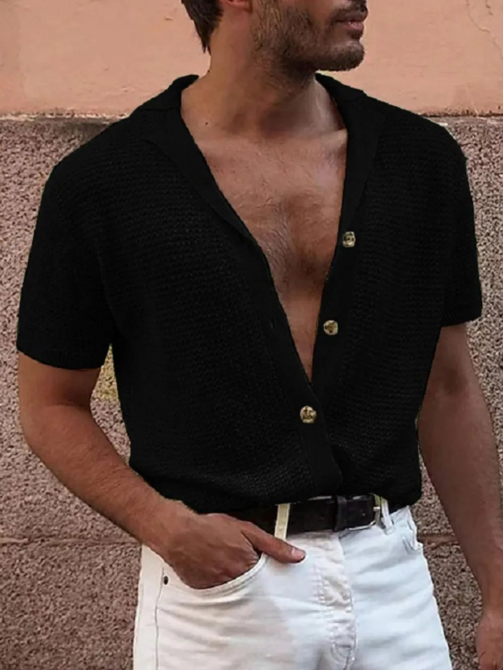 TEEK - Mens Button Down Short Sleeve Shirt TOPS TEEK Trend Black S