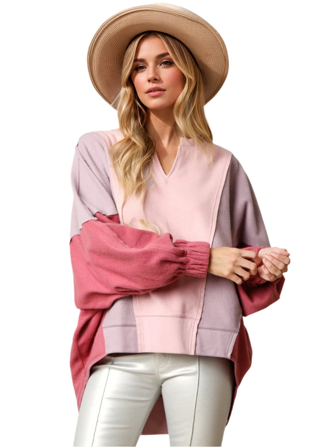 TEEK - High-Low Contrast Notched Long Sleeve Sweatshirt TOPS TEEK Trend Blush Pink S