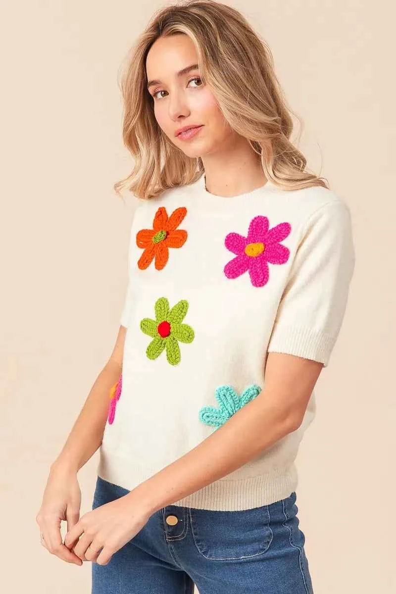 TEEK - Crochet Flower Patch Sweater Top TOPS TEEK Trend