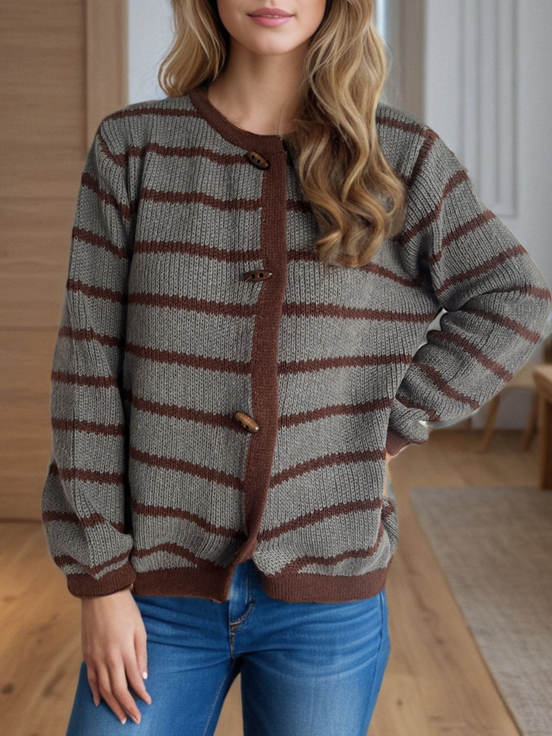 TEEK - Striped Round Neck Long Sleeve Cardigan TEEK Trend