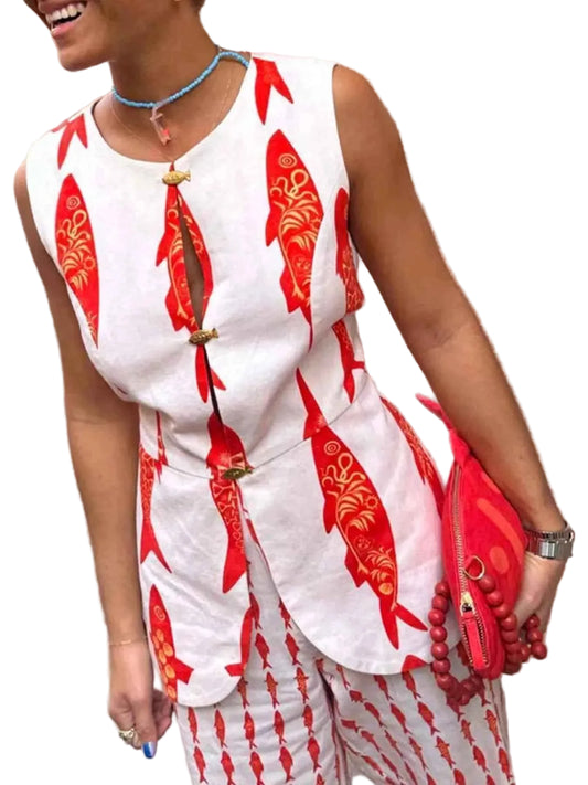 TEEK - Fish Print Sleeveless Top and Pants Set SET TEEK Trend Red-Top S