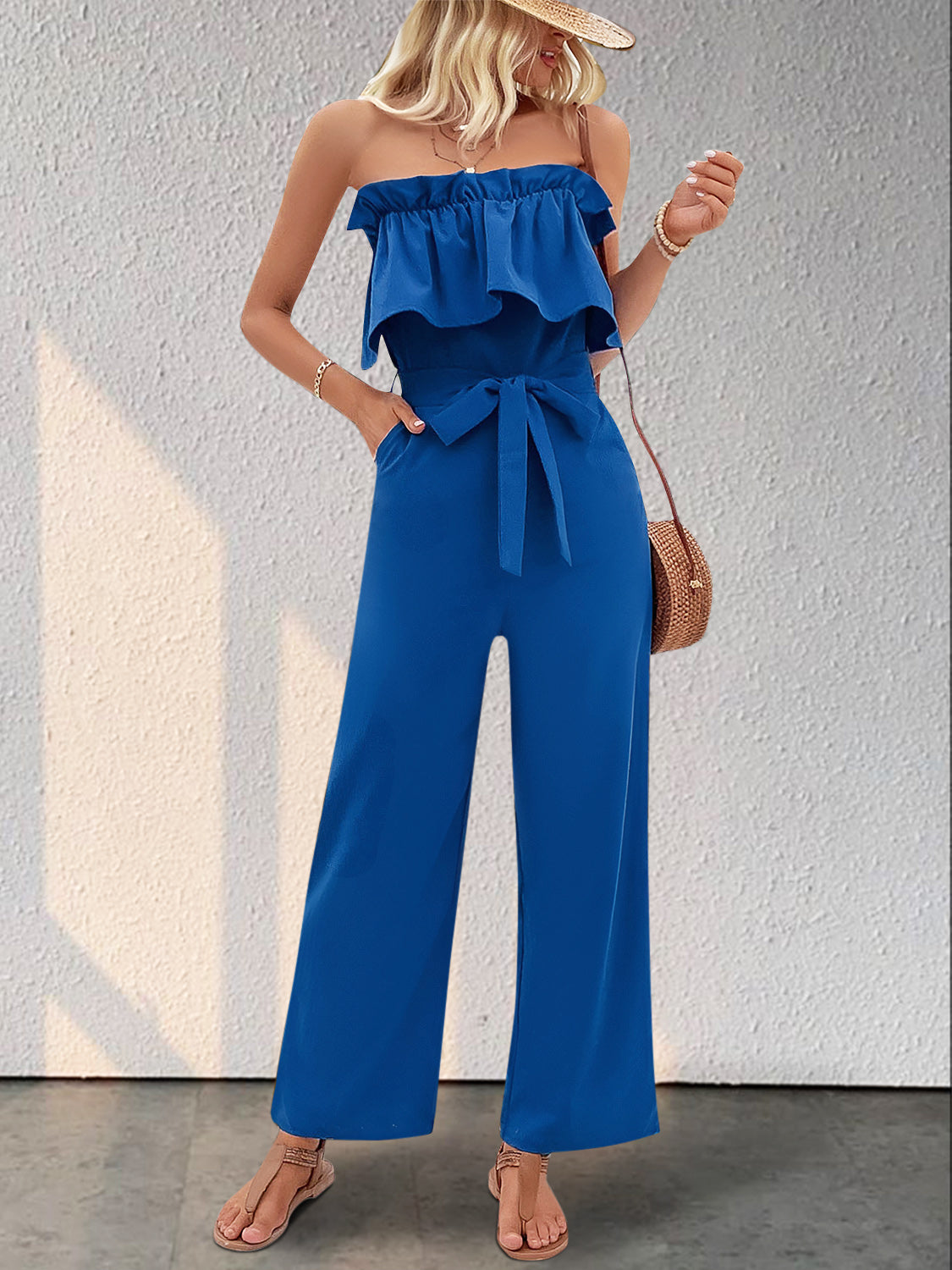 TEEK - Royal Blue Ruffled Tie Waist Tube Jumpsuit JUMPSUIT TEEK Trend   