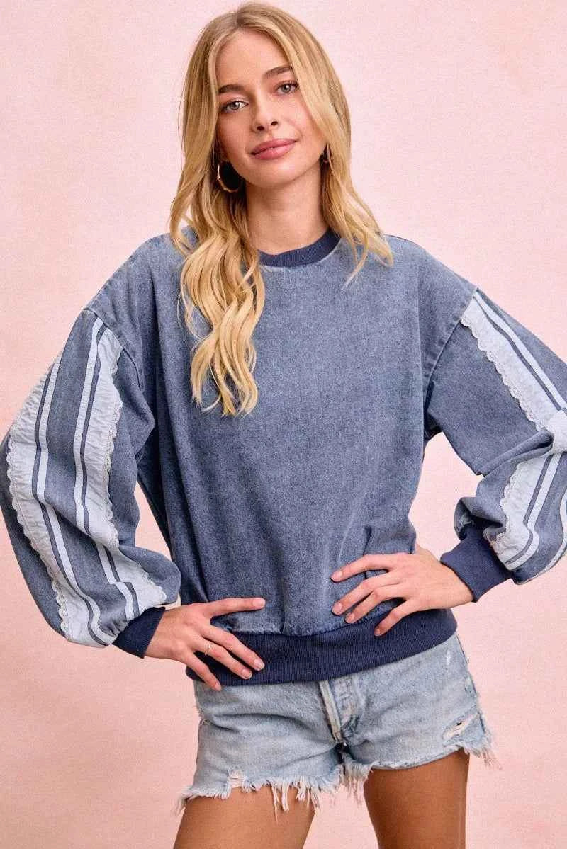 BiBi Washed Denim Lace Contrast Sided Sweatshirt Trendsi