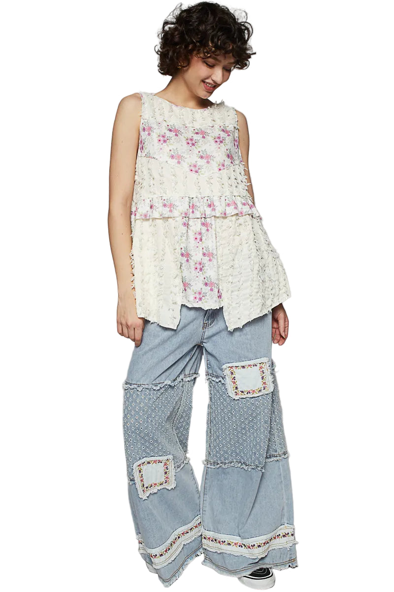 TEEK - Ivory Floral Textured Round Neck Sleeveless Top TOPS TEEK Trend