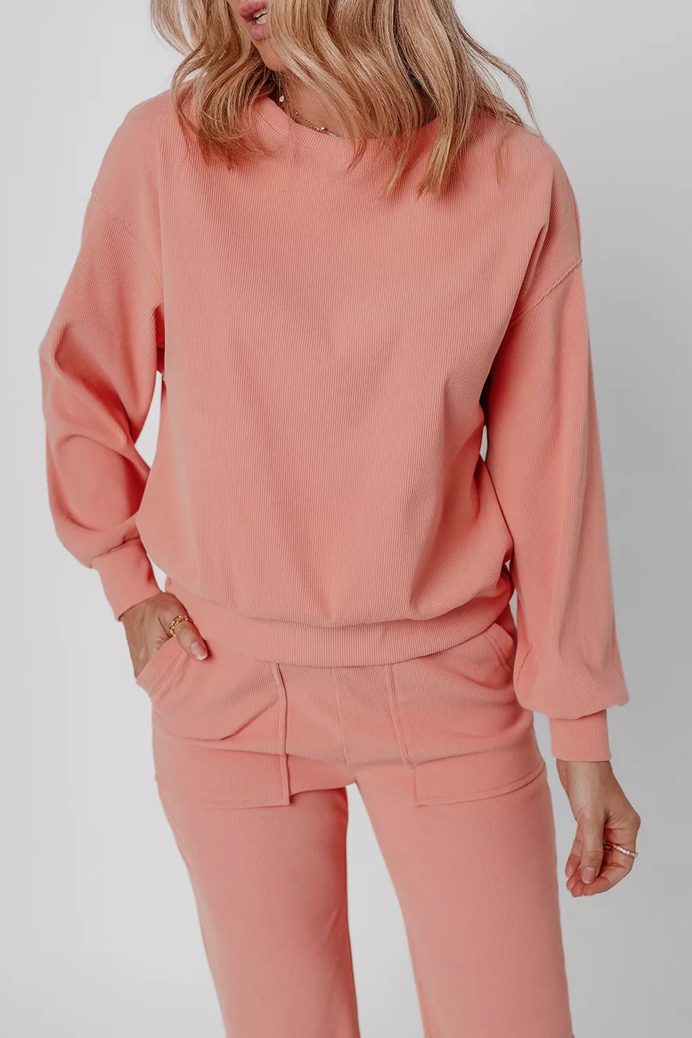 Ribbed Round Neck Top and Pants Set Trendsi