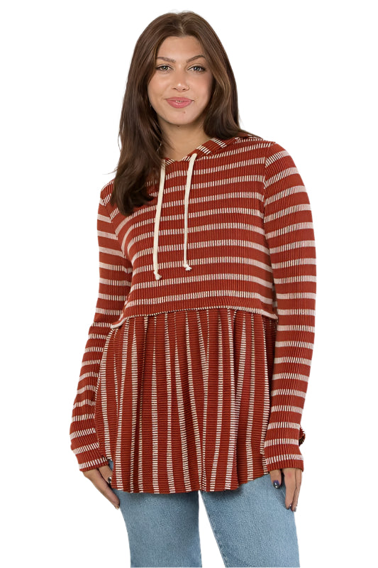 TEEK - Rust Drawstring Striped Babydoll Hoodie TOPS TEEK Trend S