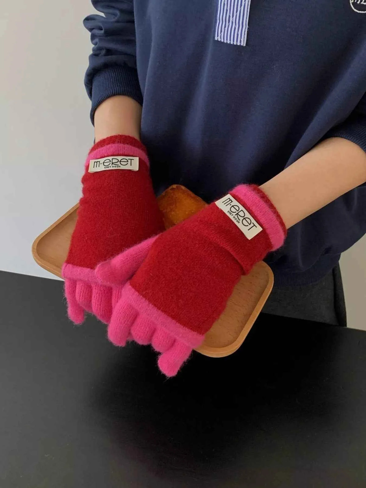 Two Tone Warm Knit Gloves Set Trendsi