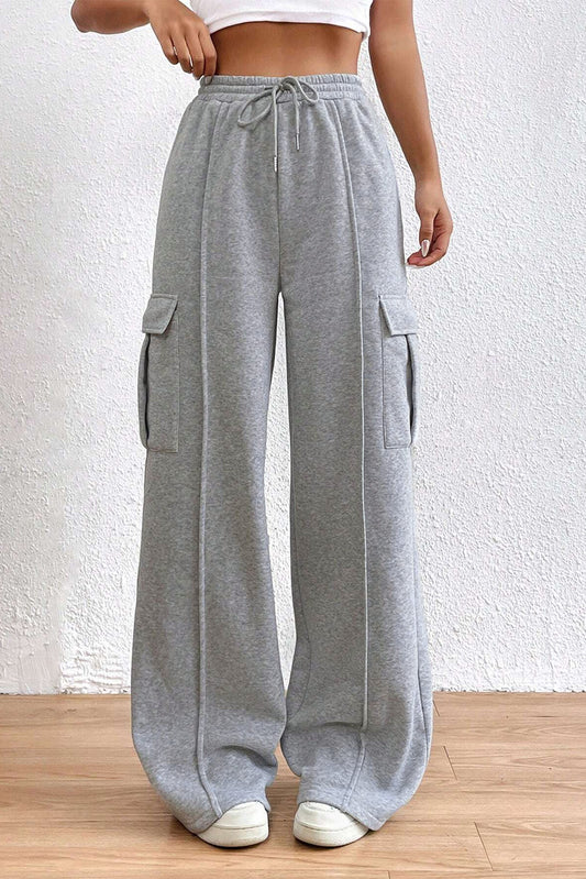 TEEK - Light Gray Drawstring High Waist Pocketed Pants