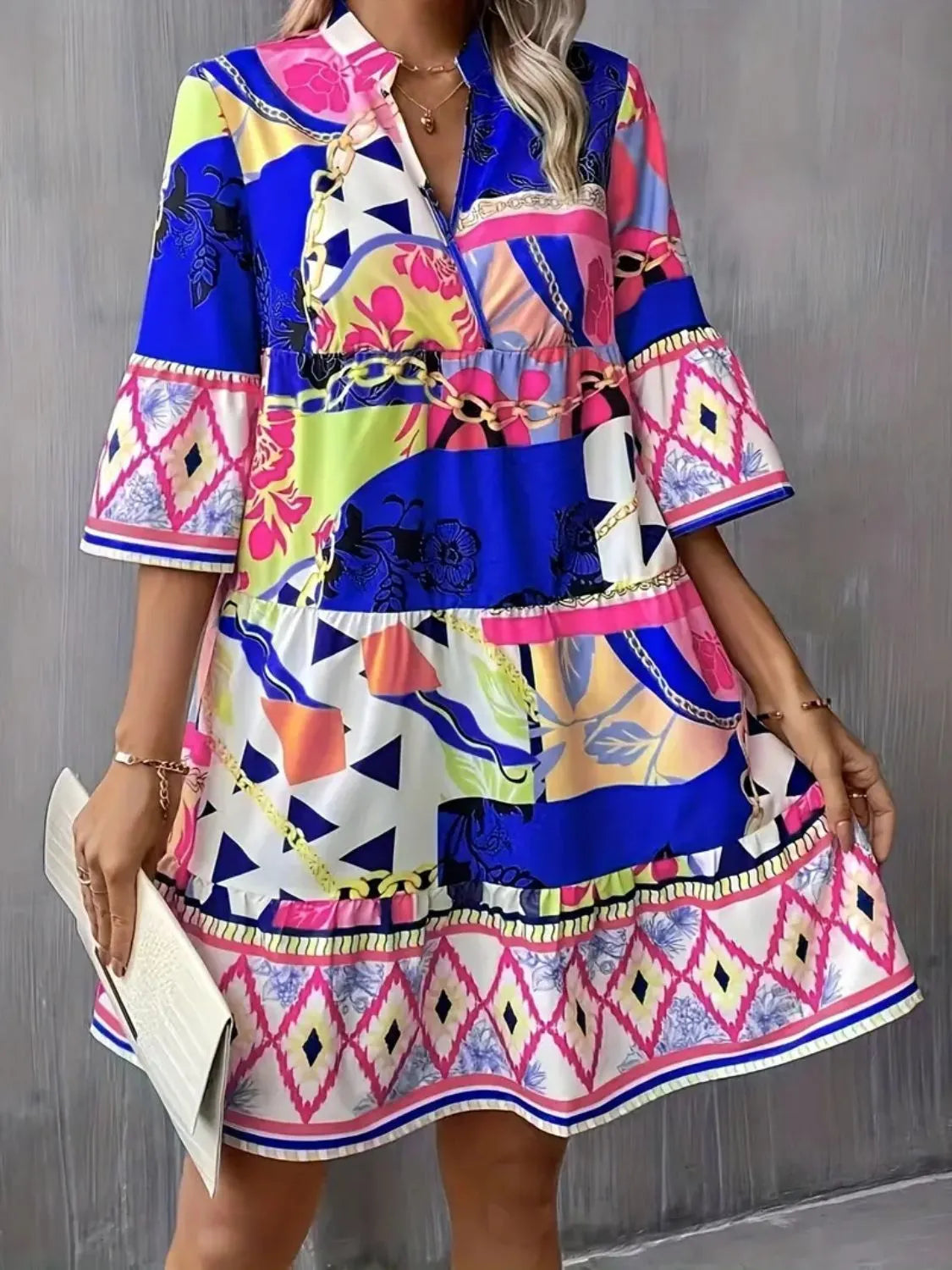 TEEK - Printed Notched 3/4 Sleeve Tiered Dress DRESS TEEK Trend Royal Blue S