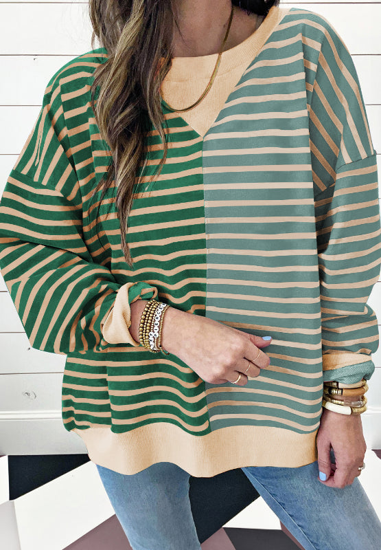 TEEK - Contrast Striped Round Neck Long Sleeve Sweatshirt SWEATER TEEK Trend Green S