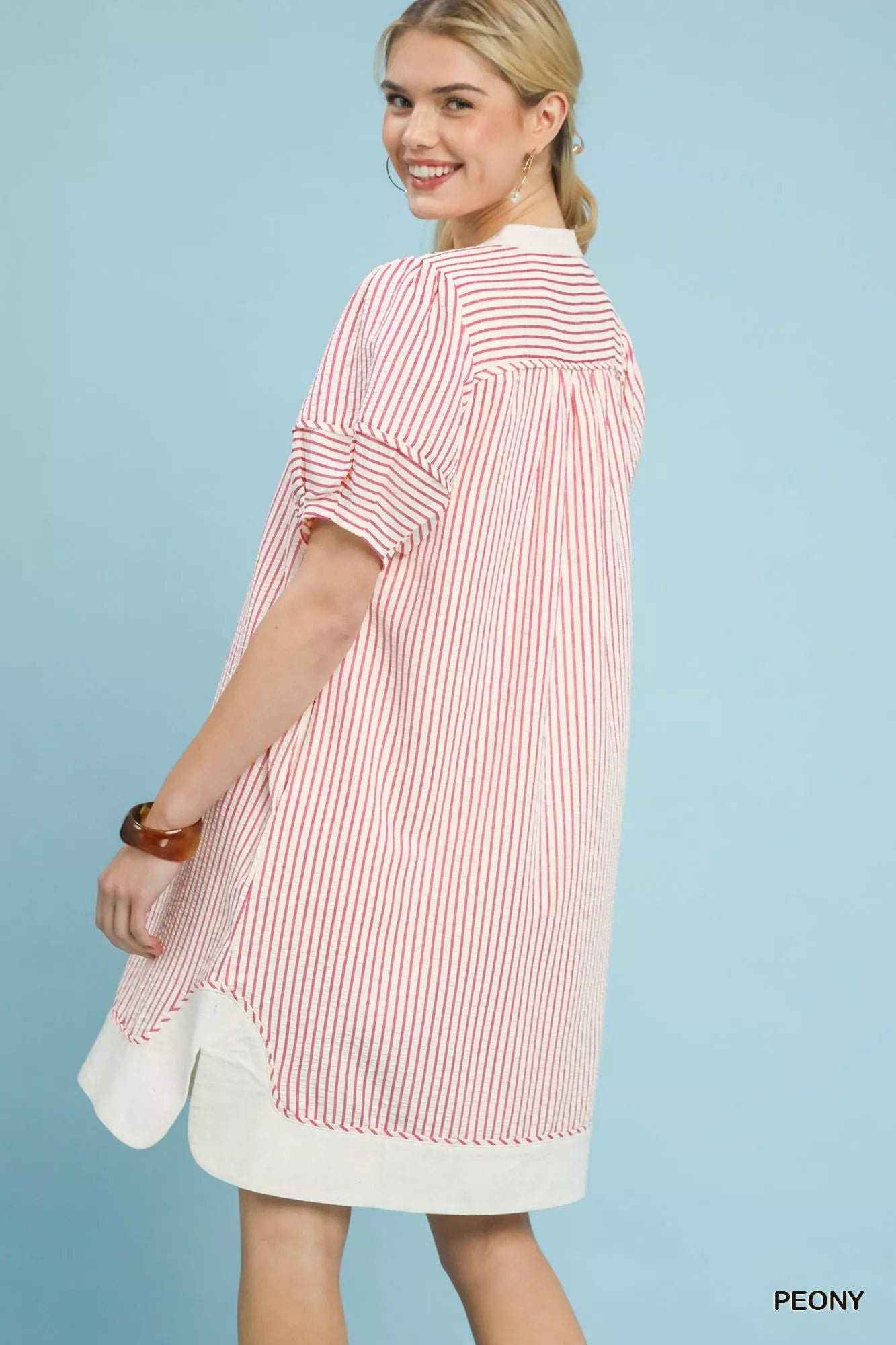 Umgee Pinstripe Shift Dress with Contrast Trim Trendsi