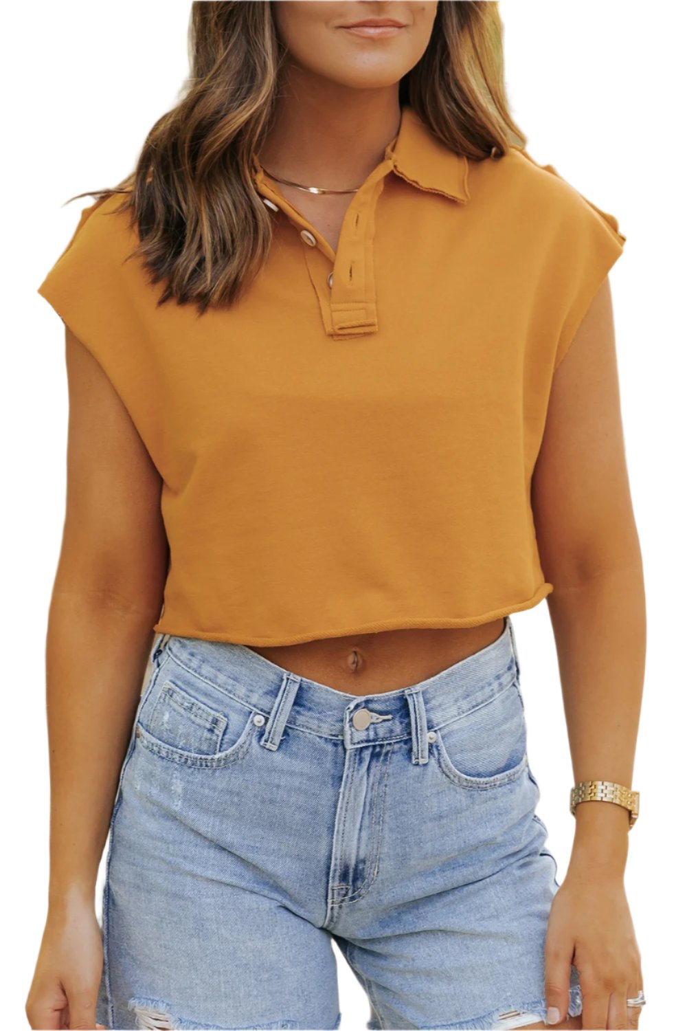 TEEK - Mustard Collared Neck Cap Sleeve T-Shirt TOPS TEEK Trend M  