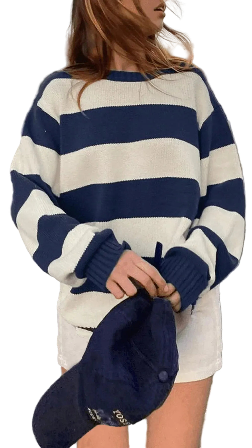 Nautical Striped Round Neck Sweater Trendsi Blue S