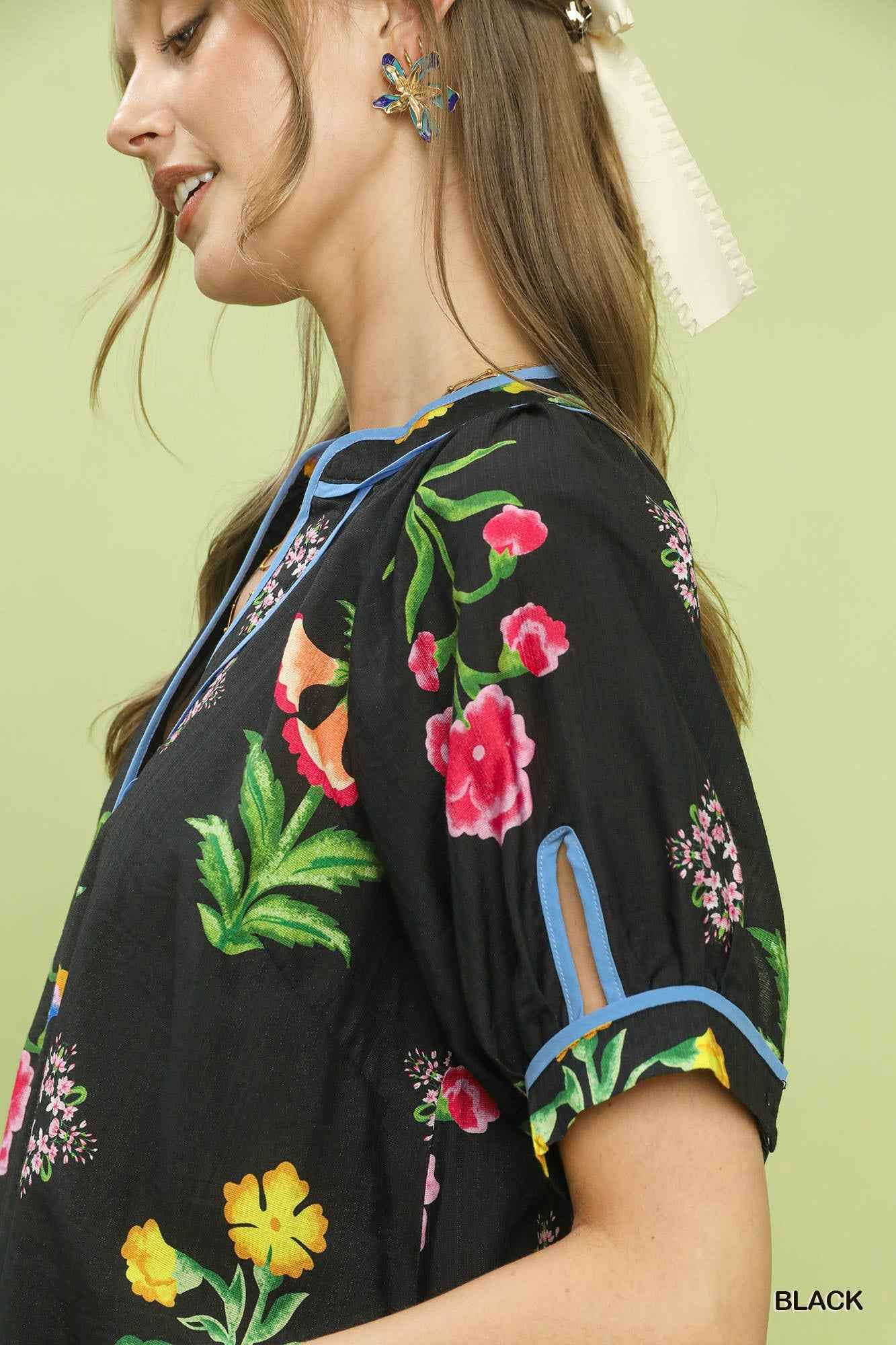 TEEK - Botanical Print Contrast Trim Button Blouse TOPS TEEK Trend