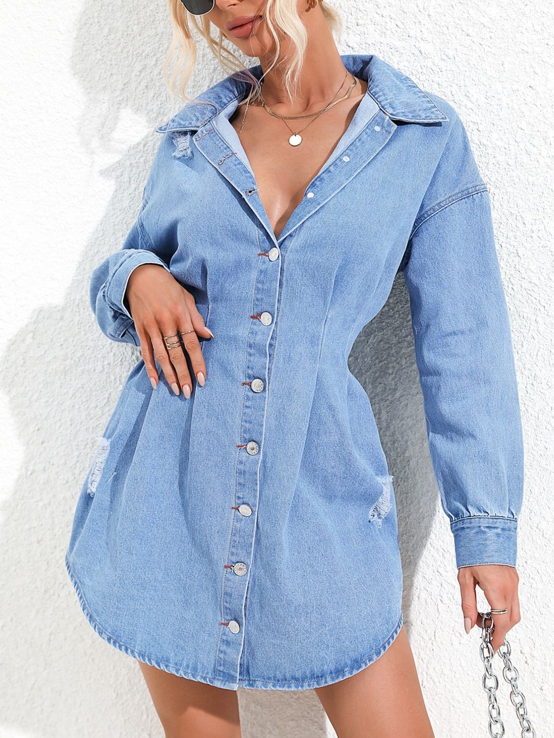 TEEK - Distressed Button Up Long Sleeve Denim Dress DRESS TEEK Trend   