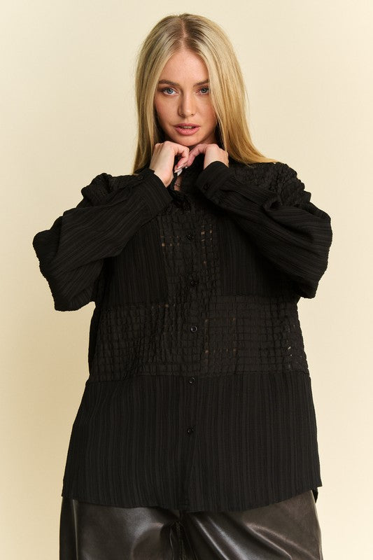 TEEK - Black Crinkled Jacquard Button Down Shirt TOPS TEEK Trend