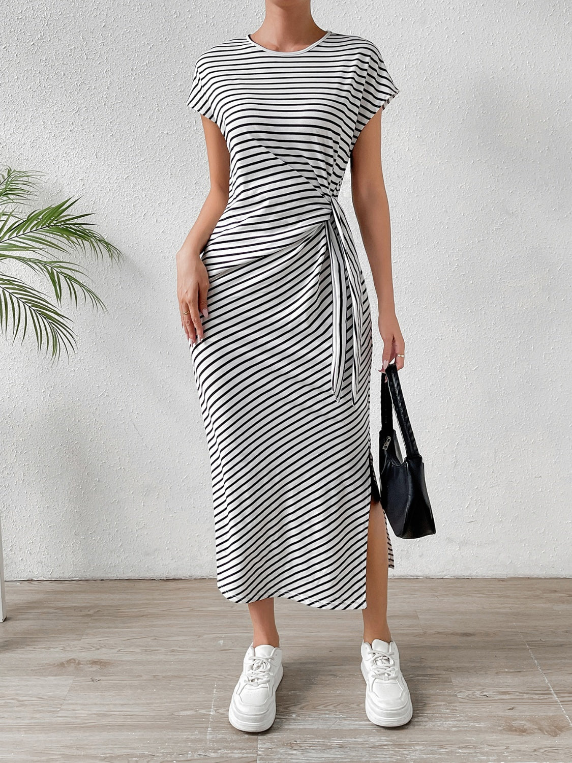 TEEK - Tied Striped Round Neck Short Sleeve Tee Dress DRESS TEEK Trend   