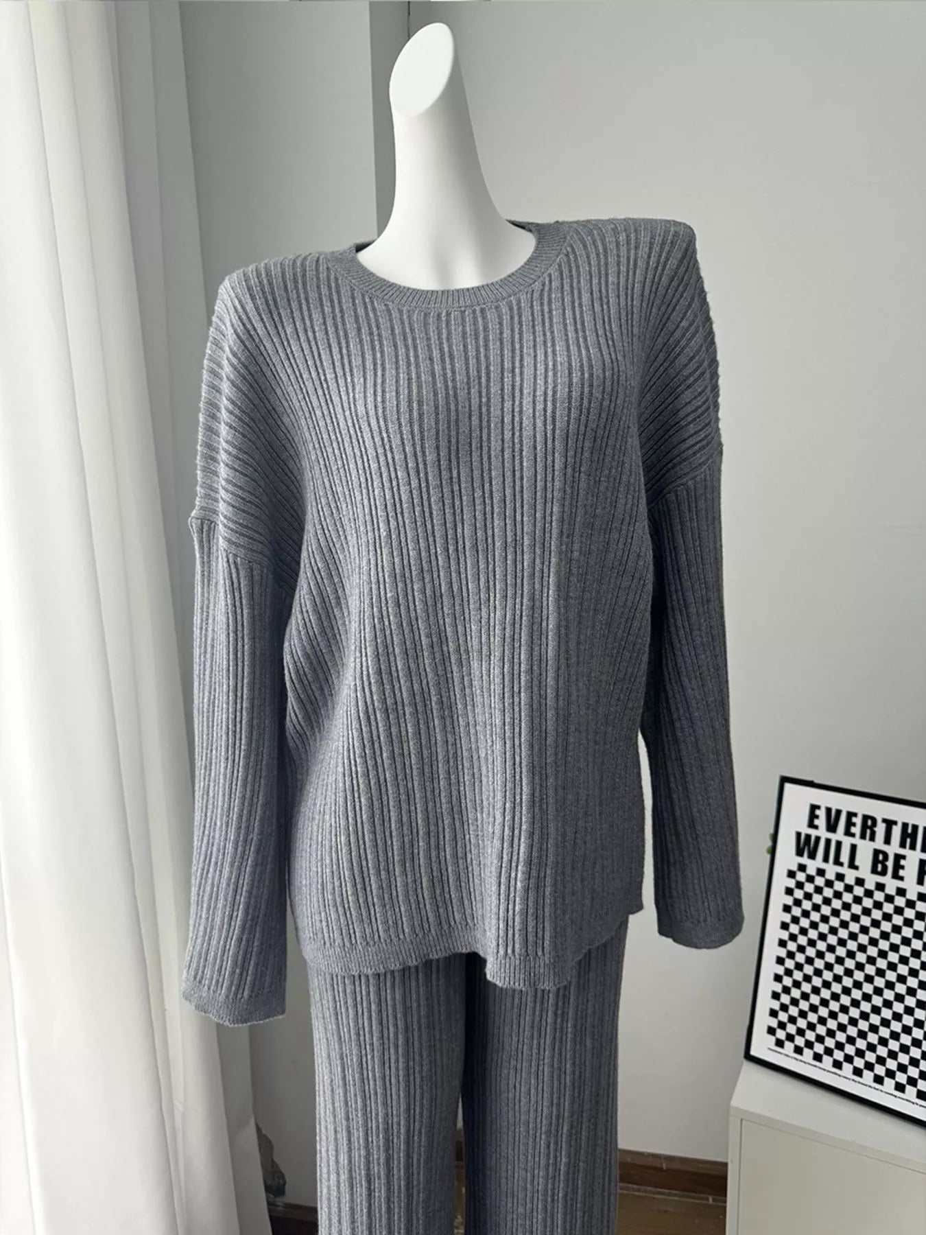 3-Piece Crew Neck Ribbed Sweater and Wide-Leg Pants Set with Scarf Trendsi