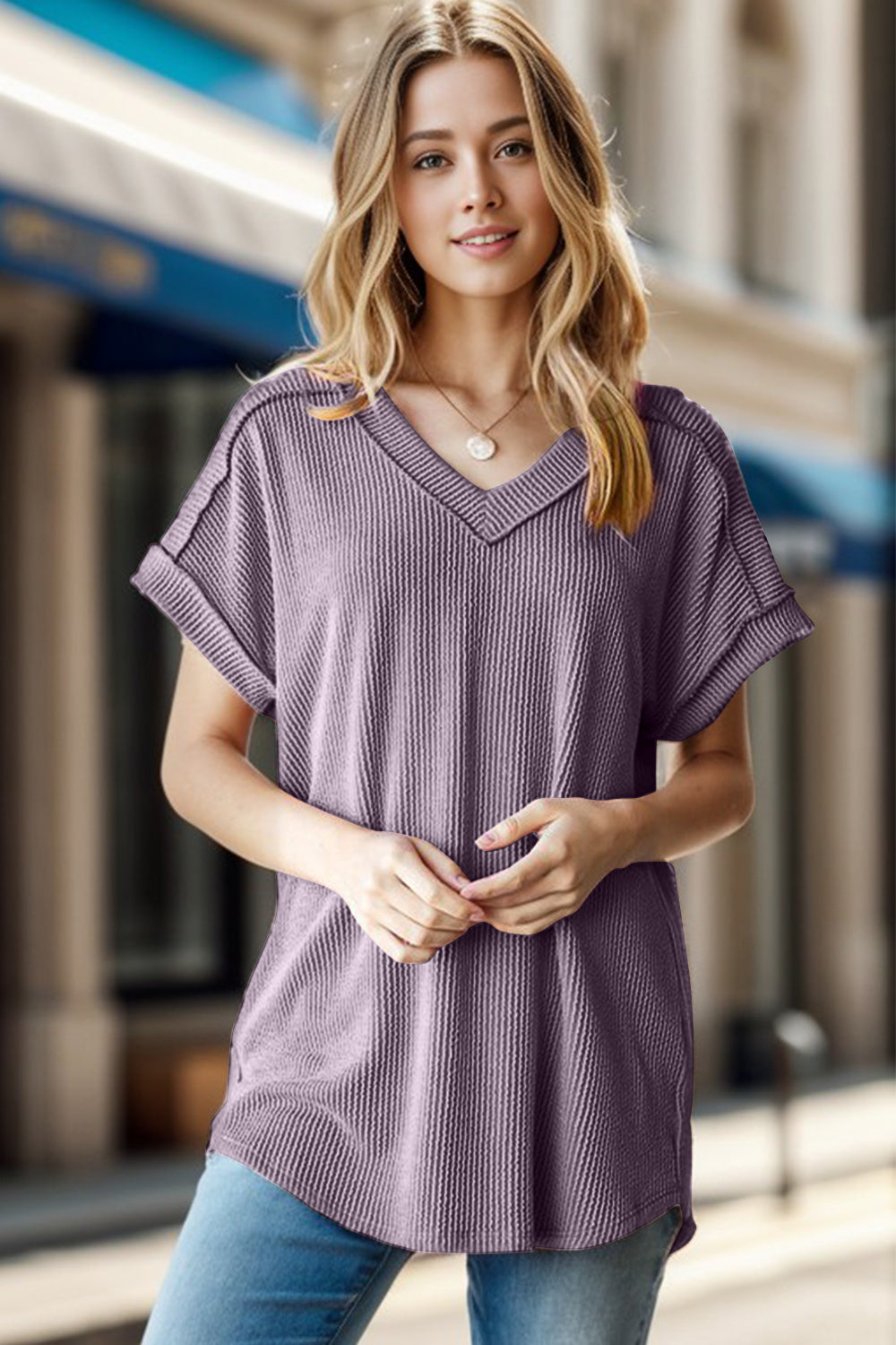 TEEK - Dusty Lavender Exposed Seam Short Sleeve Ribbed Top TOPS TEEK Trend   