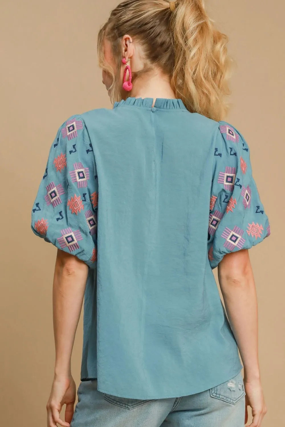 TEEK - Teal Embroidered Puff Sleeve Mock Neck Top TOPS TEEK Trend