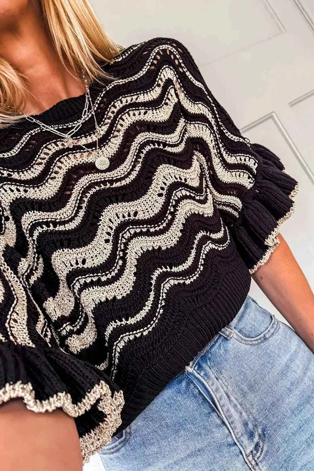 TEEK - Wave Pattern Ruffle Sleeve Sweater TOPS TEEK Trend