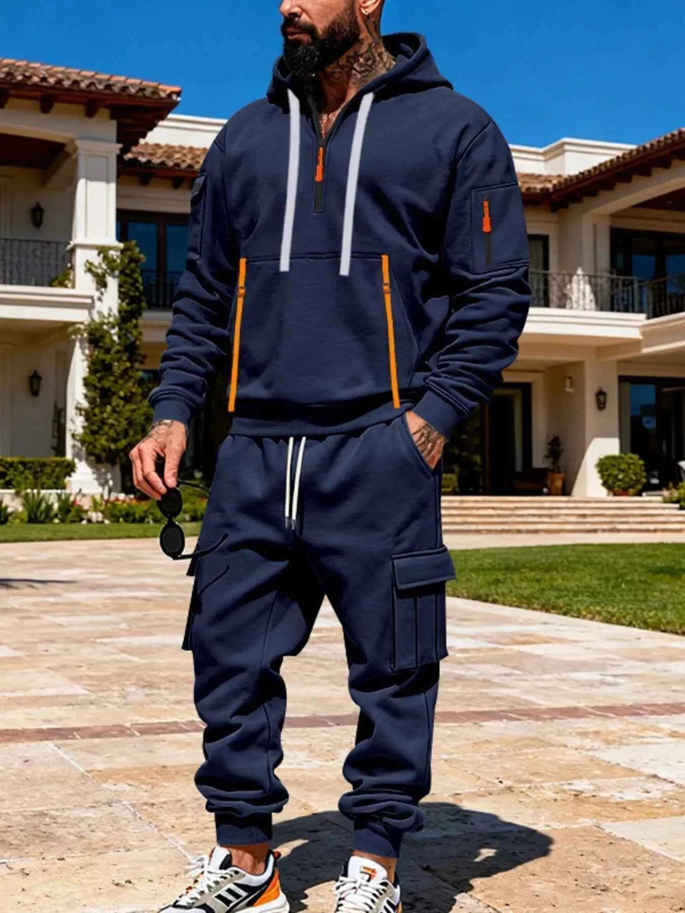 TEEK - Mens Full Size Half Zip Hoodie and Cargo Pants Set SET TEEK Trend Navy Blue S