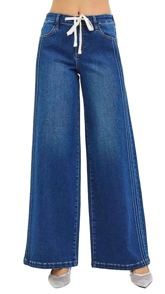 TEEK - Full Size Mid Rise Wide Side Pintuck Jeans with Front Drawstring Plus Size JEANS TEEK Trend DARK 0