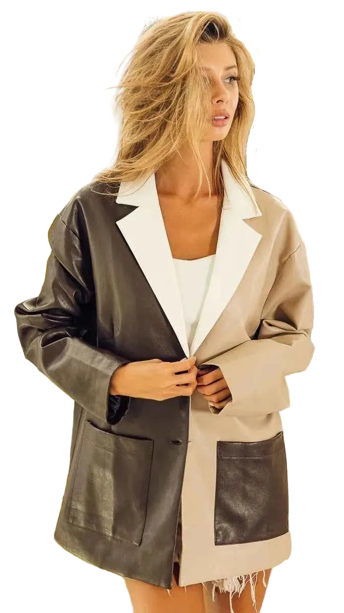 TEEK - Faux Leather Color Block Single Blazer JACKET TEEK Trend MOCHA/TAUPE/WHITE S