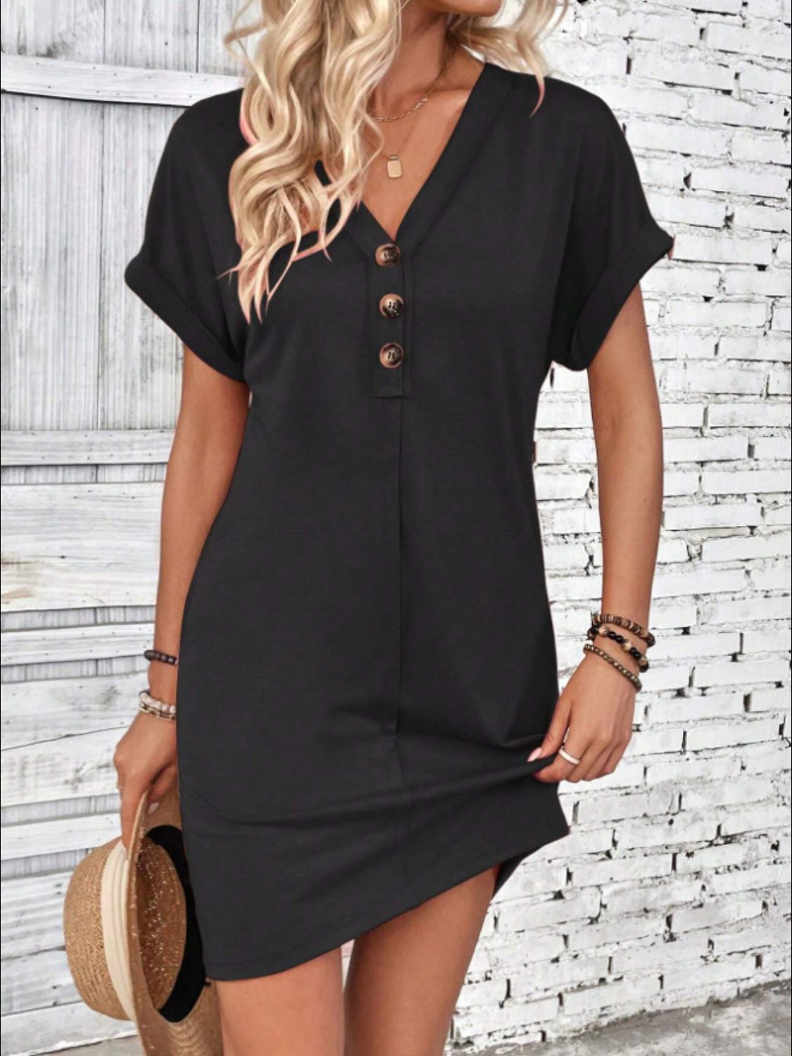 TEEK - Quarter Button V-Neck Short Sleeve Dress DRESS TEEK Trend Black S 