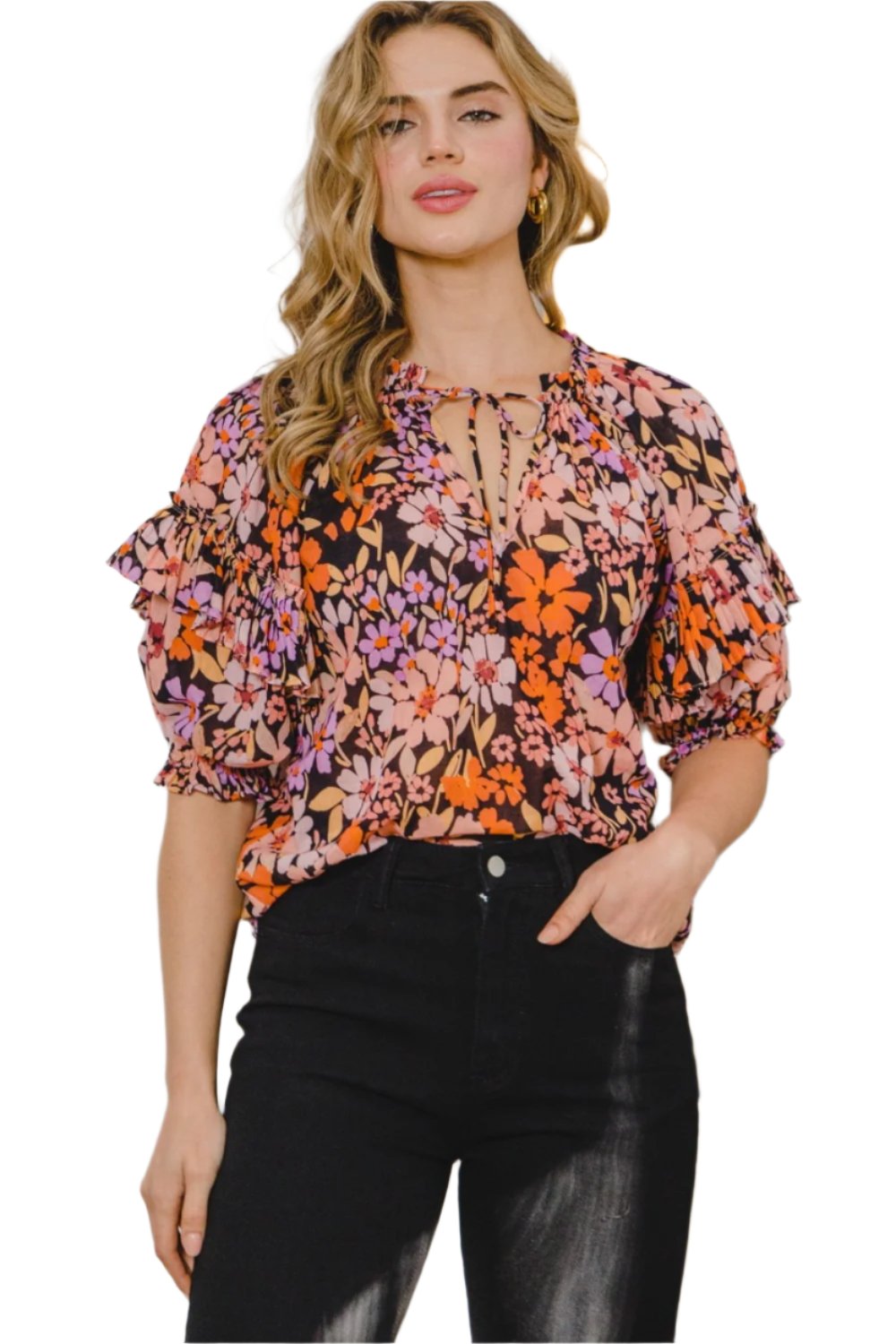 TEEK - Black Multicolor Floral Tie Neck Ruffled Blouse TOPS TEEK Trend S  