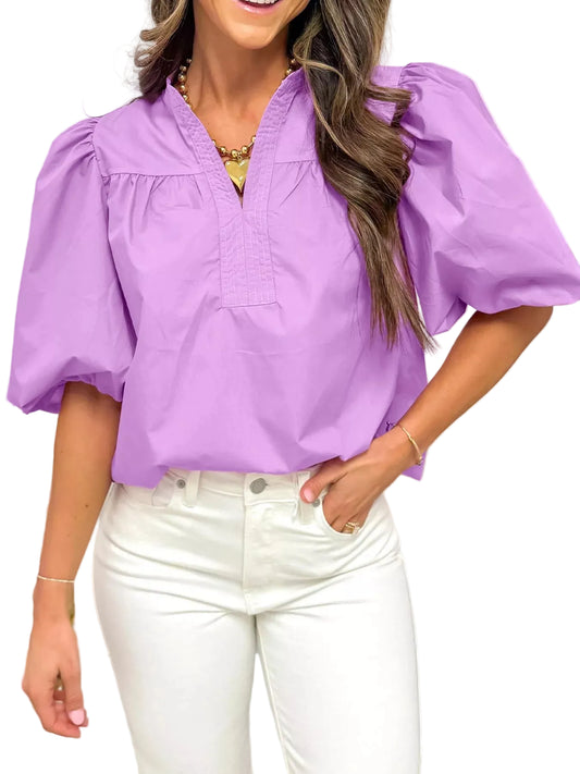 TEEK - Notched Puff Sleeve Blouse TOPS TEEK Trend Heliotrope Purple S