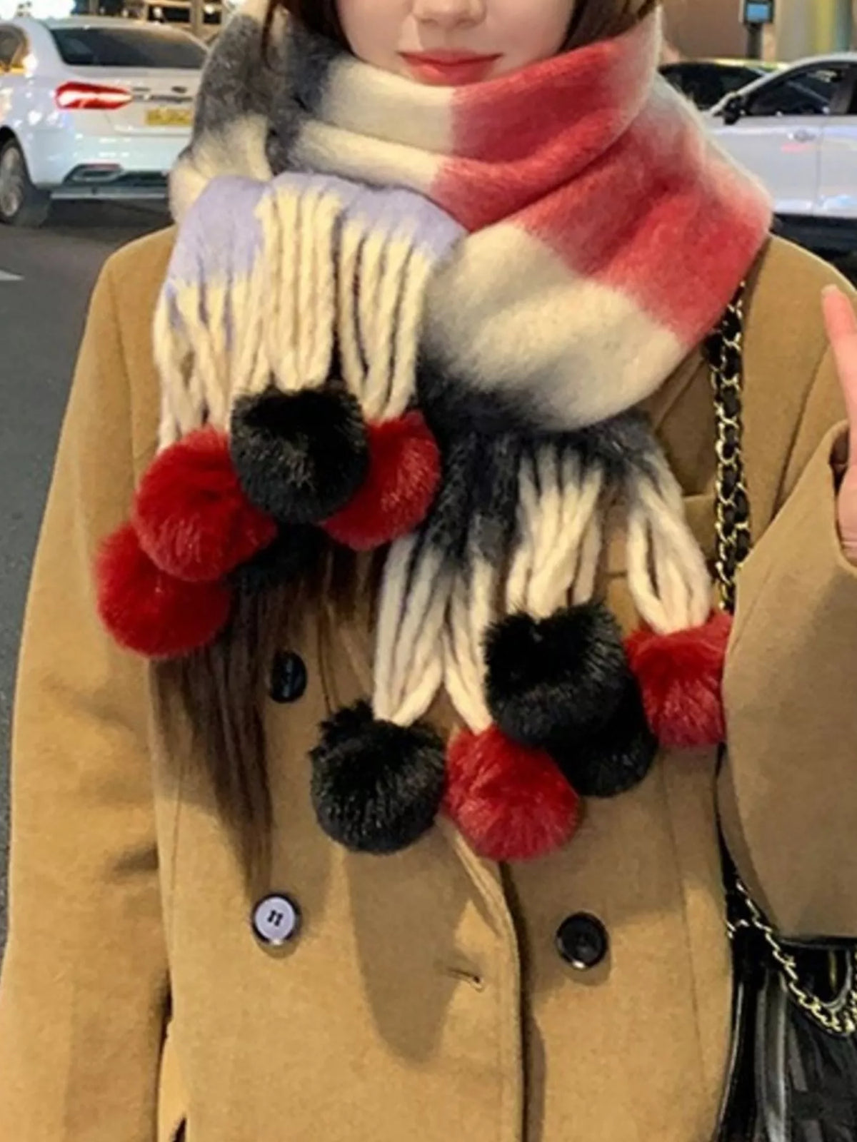 Striped Scarf with Pom-Poms Trendsi Deep Red One Size