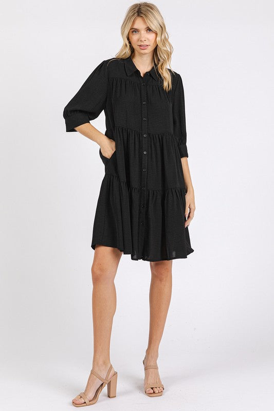 TEEK - Black Button Collared Neck Tiered Shirt Dress DRESS TEEK Trend