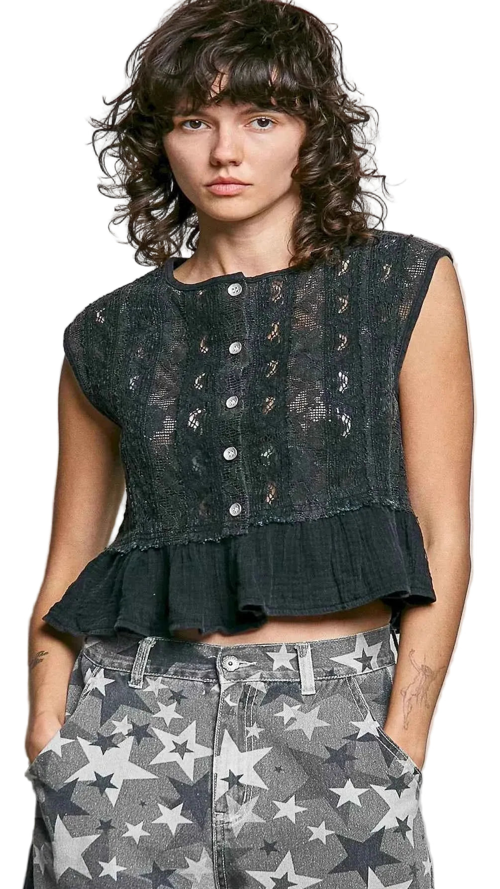 POL Round Neck Lace Sleeveless Top with Double Gauze Ruffle Trendsi BLACK S