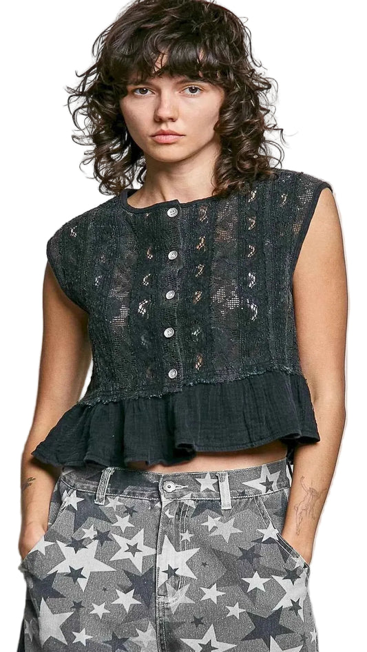 TEEK - Round Neck Lace Sleeveless Top with Double Gauze Ruffle TOPS TEEK Trend BLACK S