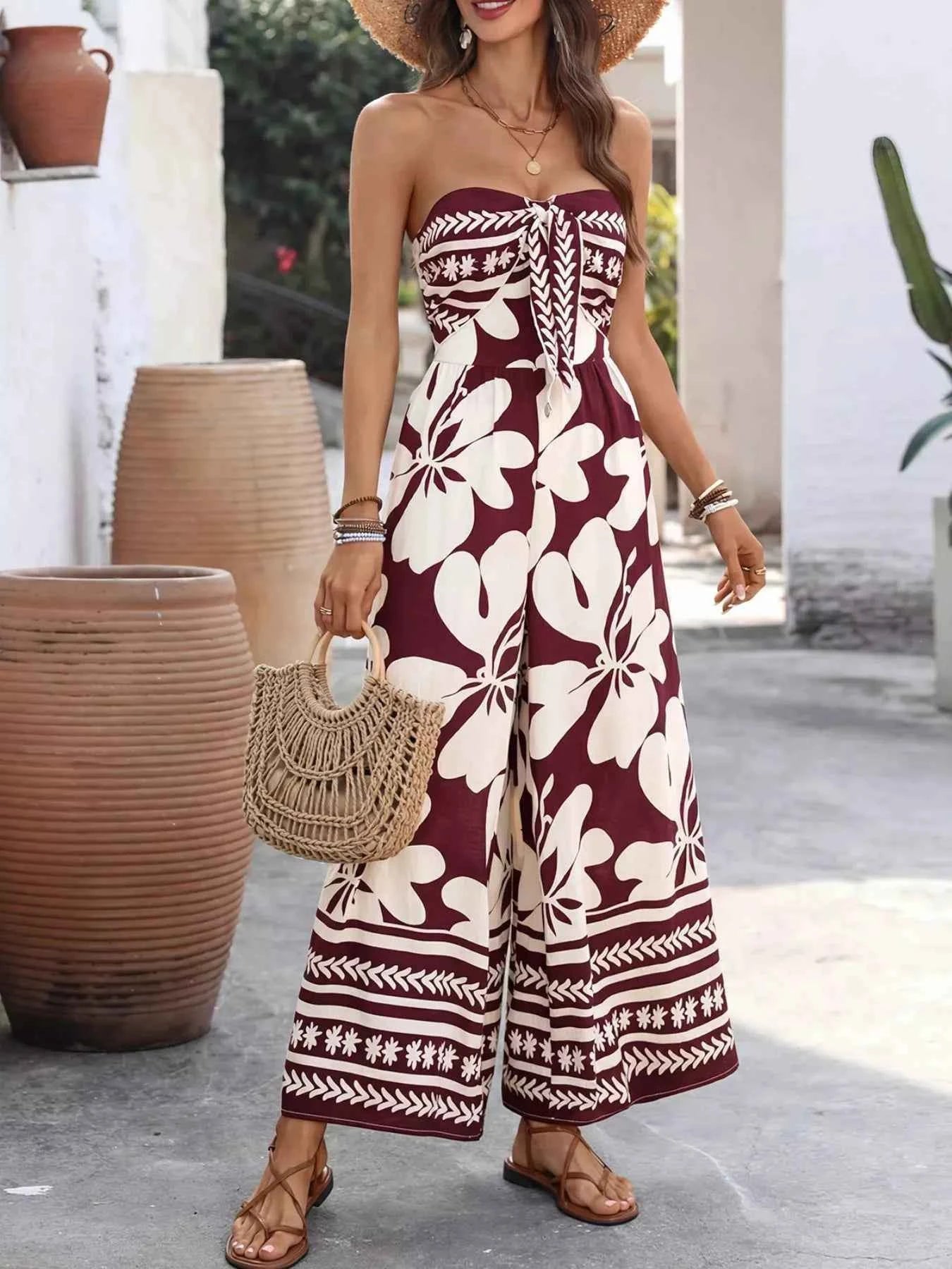 TEEK - Floral Print Tie Front Strapless Wide Leg Jumpsuit JUMPSUIT TEEK Trend Burgundy S
