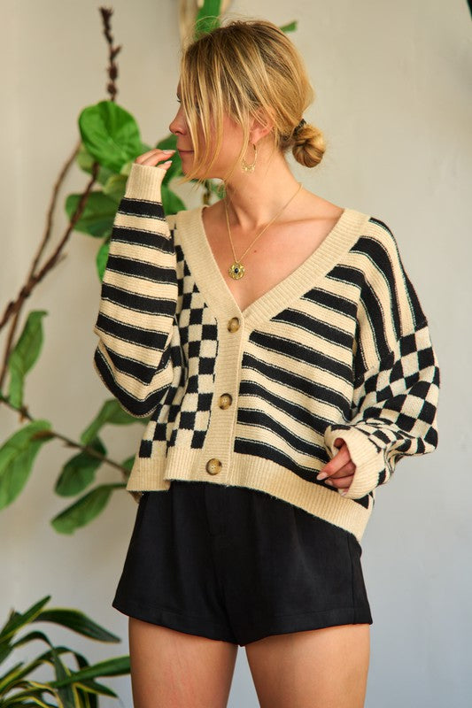 TEEK - Plus Size Contrast Patterned Sweater Cardigan SWEATER TEEK FG BLACK/CREAM 1X/2X 