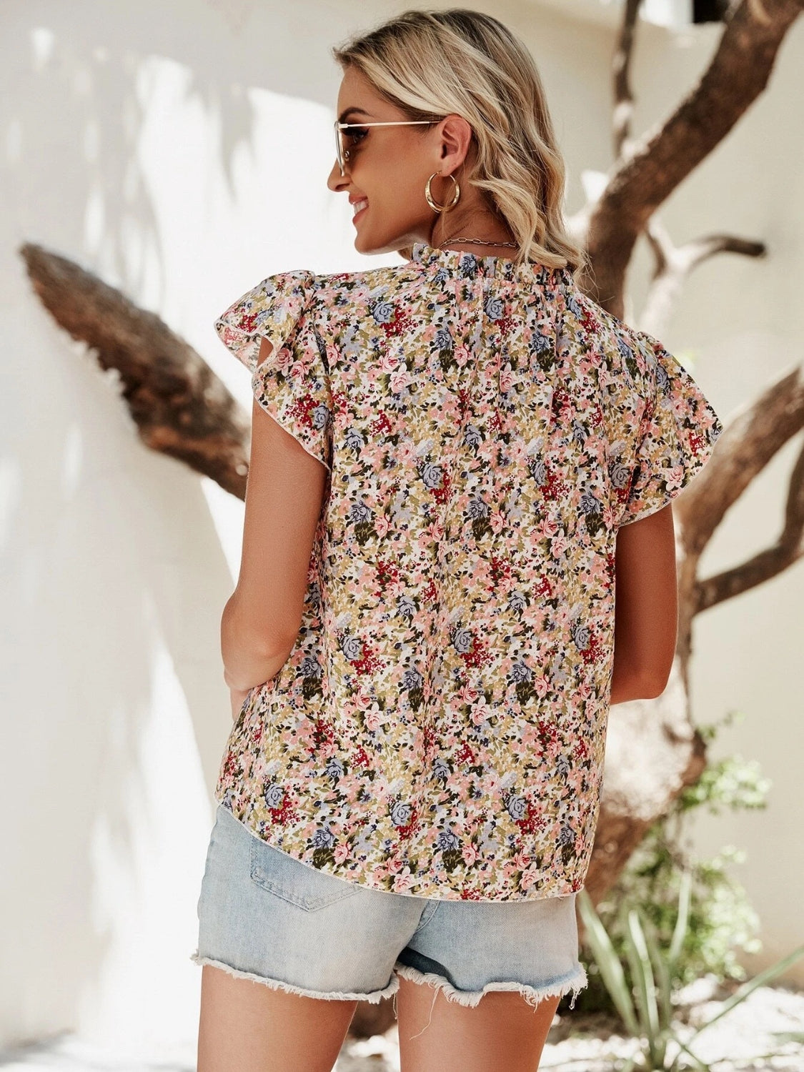 TEEK - Floral Notched Cap Sleeve Blouse TOPS TEEK Trend   