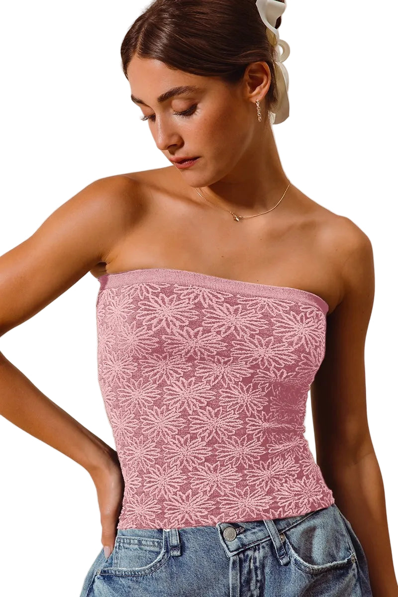 TEEK - Vintage Pink Jacquard Floral Two Tone Seamless Tube Top TOPS TEEK Trend S