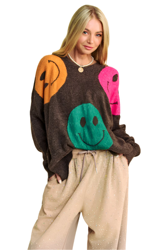 TEEK - Dark Brown Contrast Smile Oversize Sweater TOPS TEEK Trend S