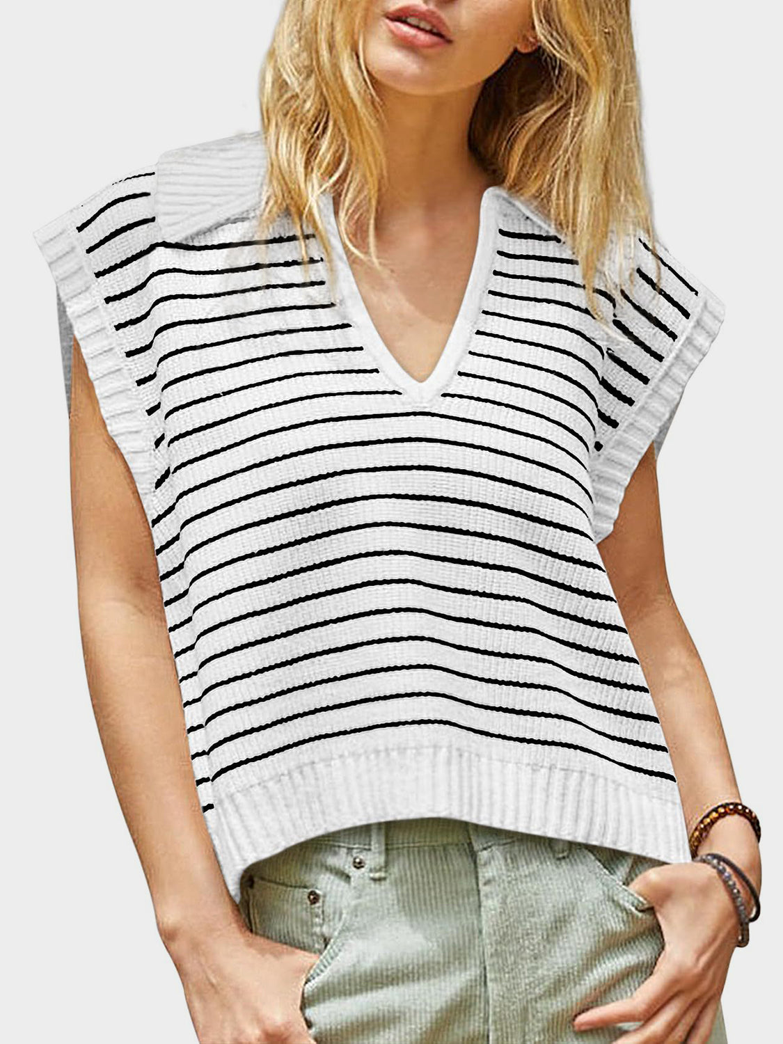 TEEK - Mandy Collared Neck Striped Sweater Vest TOPS TEEK Trend