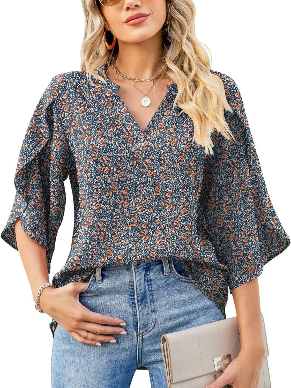 TEEK - Printed Notched Widened Half Sleeve Blouse TOPS TEEK Trend   