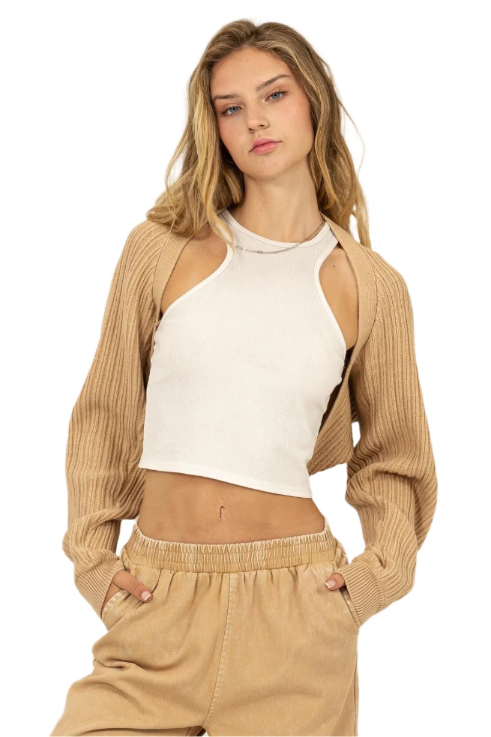 TEEK - Taupe Ribbed Knit Bolero Cardigan SWEATER TEEK Trend S  