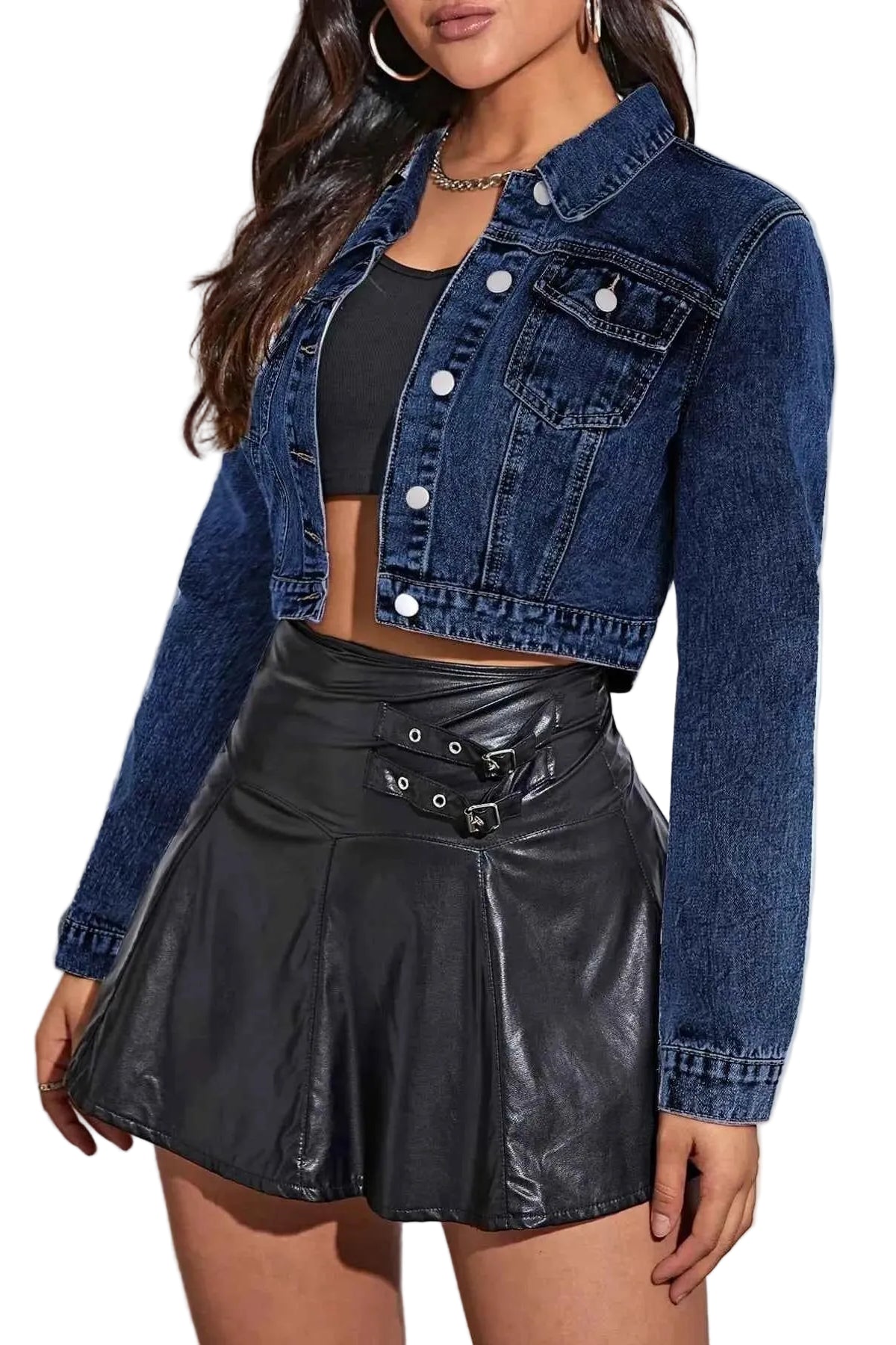 TEEK - Cropped Button Up Denim Jacket JACKET TEEK Trend Dark Blue XS